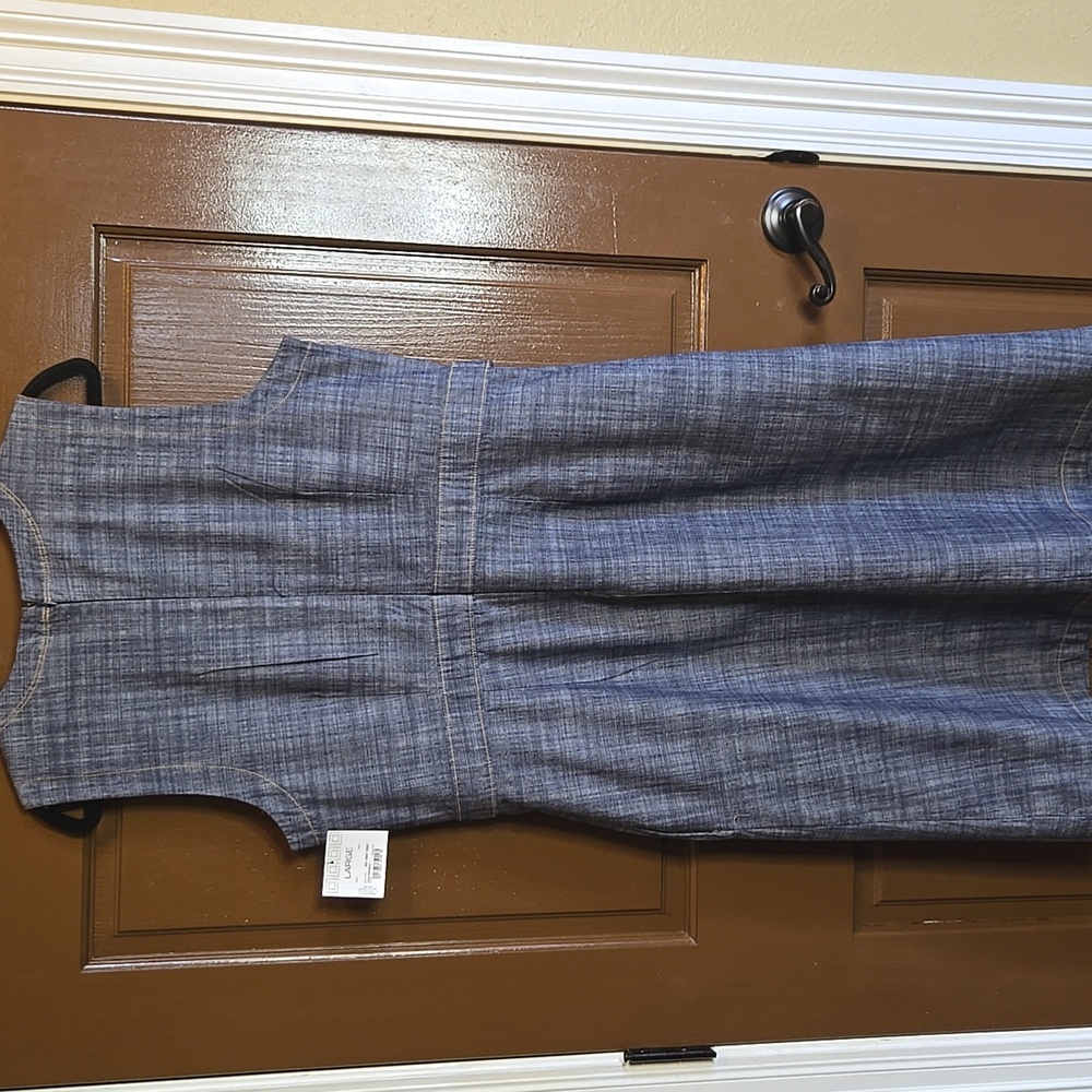 Liz Claiborne-Blue cotton denim V neck sleeveless dress with side bands Sz L NWT - Picture 5 of 8